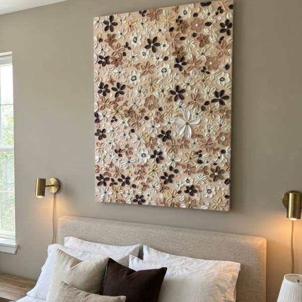 textured floral canvas art | neutral blooming painting | flower textured art
